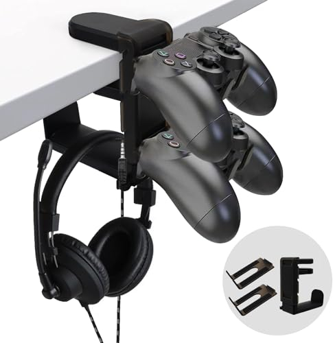 Yiomxhi 2 in 1 Kopfhörer Ständer Controller Halter, 360° Drehbar Headset Halterung Tisch mit Kabel Organizer, Universal Kopfhörerständer Gaming Zubehör, Schwarz