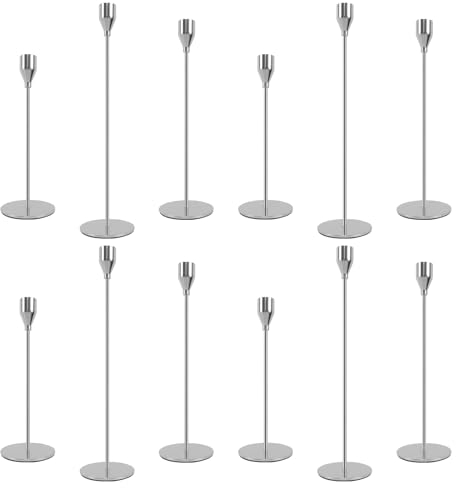 Filltown 12 Stück Kerzenständer Silber, Kerzenhalter Silber Candle Holder 32/27/22cm, Vintage Stabkerzenhalter Stabkerze für Kaminsimse, Hochzeiten, Abendessen, Geburtstage, Tischmitte, Wohnkultur