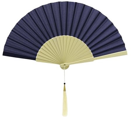 MAPIMANIA - Faltbare beige und Blaue Fächer mit Schutzhülle Damen aus Seide und Holz Nachtblau, Fächer Hochzeit faltbar, Spanischer Fächer, Japanischer Fächer