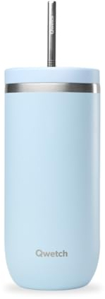 QWETCH - Cold Cup Isotherme 600 ml Bleu Pastel - 24h Glacé & 12h Froid - Inox Recyclé, Anti-Éclaboussure - Idéale pour Boissons Fraîches, Bubble Tea et Café Glacé