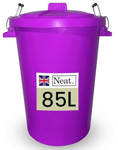 Neat. Extra Large Plastic Dustbin with Clip Locking Lid - Heavy Duty Garden Bin for Rubbish, Recycling, Animal Feed, and Storage, 85 Litre, Purple, Pack of 1