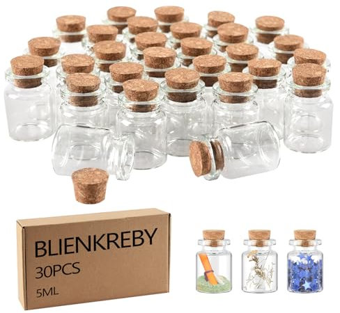 BLIENKREBY 30 x Mini Bouteille Verre, 5ml Petite Bouteille en Verre, Fiole en Verre, Cadeau Mariage Fête Décoration, Mini Bouteille Cadeau Invites Mariage Bapteme