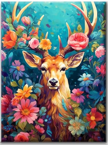 Yiminu.DS 5D Diamond Painting Kit, Broderie Diamant Adulte DIY Diamond Painting Paysage Peinture Diamant avec Rond Perle Diamant de Forage 30CMX40CM, animal cerf fleur