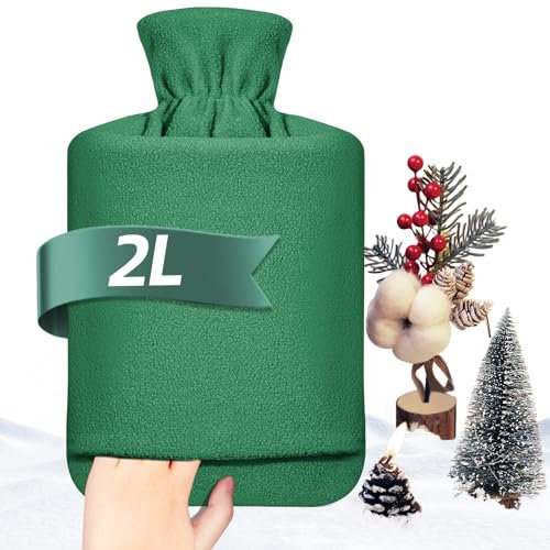 MUPAS Hot Water Bottle with Fleece Cover - 2L Large Leakproof Hot Water Bag (Green)