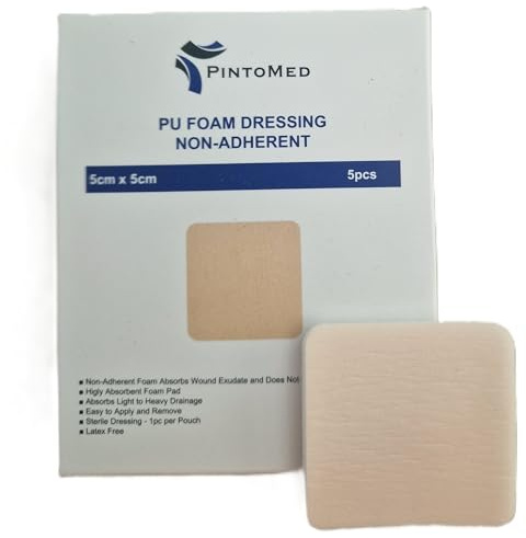 PintoMed – Steriler nicht haftender PU-Schaumverband ohne Rand 5 cm x 5 cm Schachtel mit 5 Verbänden. Saugfähig. Zur Behandlung von chronischen und akuten Wunden.