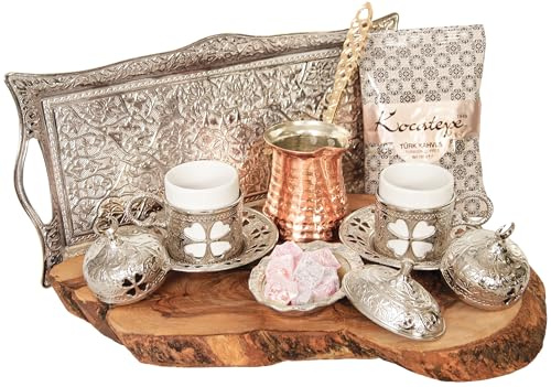 Turkish Coffee & Espresso Set of 2 with Tray and Copper Coffee Pot, Greek Arabic Coffee Making and Serving Full Set, Sugar Bowl, Turkish Coffee, 13 Pieces (Silver)