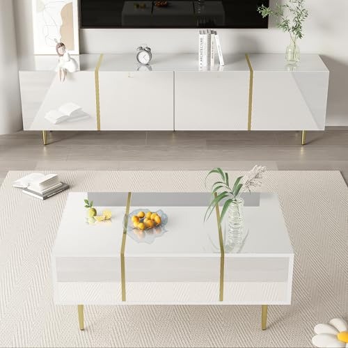 ModernLuxe High Gloss TV Stand Cabinet and Coffee Table Set, Stylish Side Table with 2 Drawers and TV Stand Unit with 4 Doors, Multiple Storage Spaces, White Finish Combined with Elegant Gold Accents