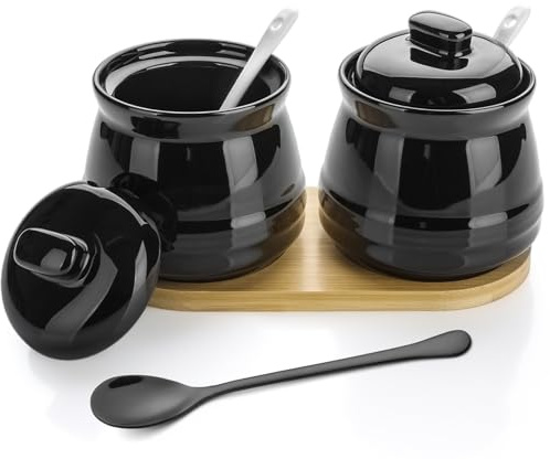 Sugar Bowl with Lid and Spoon Set of 2 Ceramic Sugar Pot Container (Black)