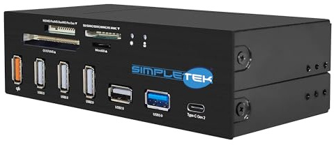 SIMPLETEK - Front Panel 5.25 Multi-Slot Card Reader - USB-C Type-C + USB 3.0 - SD, MicroSD, CF, MS - Internal Hub for Desktop PC