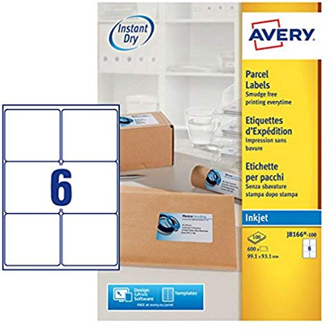 Avery Printable, customisable Parcel Shipping Labels, Inkjet Printers, 6 Labels Per A4 Sheet, 600 labels, QuickDRY (J8166), White