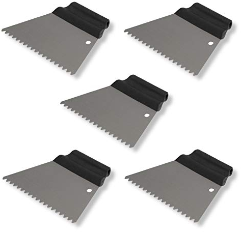 DEWEPRO® Set di 5 spatole per colla – Spatola trapezoidale – Spatola dentata da 3 mm e manico in plastica – Larghezza: 180 mm