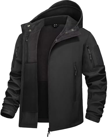 KEFITEVD Giacca in pile Softshell Giacca invernale mimetica da uomo Flecktarn Felpa con cappuccio impermeabile antivento arrampicata impermeabile Nero 2XL (Etichetta: 3XL)