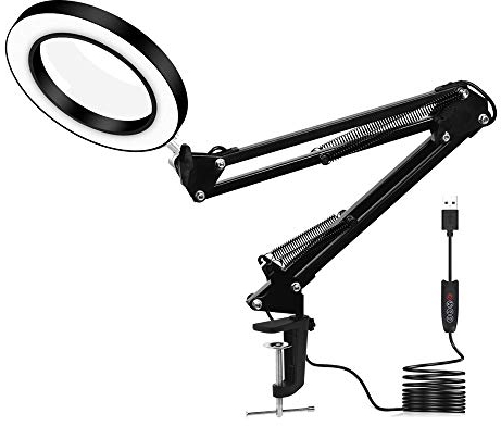 LED Lupenleuchte Schreibtischlampe mit Klemme | 5X Lupe USB Lupenlampe | 4,13 Durchmesser Leselampe Tischlampe Klemmleuchte mit Einstellbar Schwenkarm | 10W 3 Modi 11 Dimmstufen | Lesen Büro Werkbank