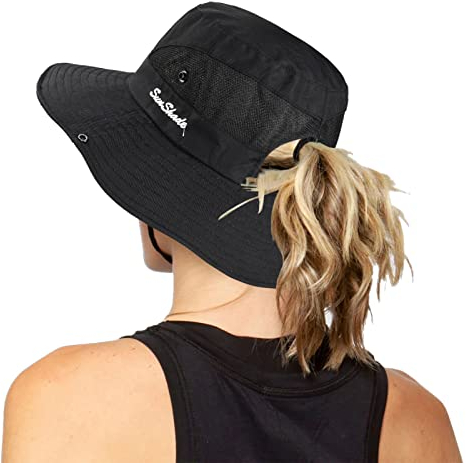 Damen Outdoor UV-Schutz Faltbare Sonnenhüte Mesh Breiter Rand Strand Fischerhut mit Pferdeschwanzloch, Schwarz, Einheitsgröße