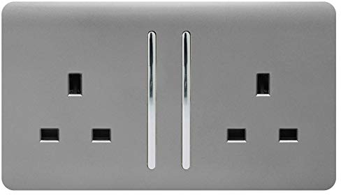Trendi 2 Gang Raised Artistic Modern Glossy Screwless 13 Amp Single Pole with Chrome Switched UK Standard Electrical Double Wall Plug Socket in Light Grey - ART-SKT213LLG