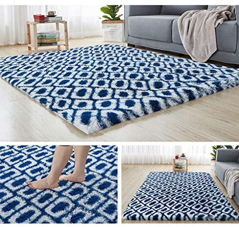 ZJXSNEH Flauschiger weicher Teppich, Rutschfester Emulsionsboden, zotteliger Teppich für Schlafzimmer, Wohnzimmer, am besten für Kinder und Babys Dunkelblau weißes Quadrat 80x200cm