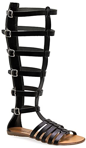 37 Schwarz Emmanuela Altgriechische handgefertigte Gladiatoren Sandalen aus Leder, kniehohe Sandalen mit hinterem Reißverschluss am Schaft, flache Sommerschuhe mit Riemchen für Damen