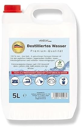 VENTON Destilliertes Wasser 5L I Entsalztes - Entionisiertes - Demineralisiertes Wasser nach VDE 0510 I Dest. Wasser für Haushalt, Freizeit, Auto & Labor I Reines Wasser I Laborwasser