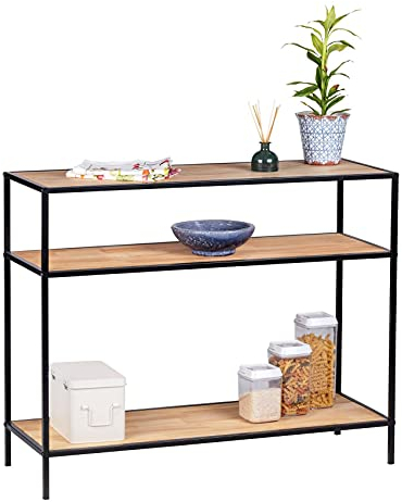 WENKO Konsolentisch Geo, Loft-Design, Konsolenregal mit 3 Ablageflächen, Holztisch aus natürlichem Kiefernholz mit Metallrahmen, Wandschreibtisch im Industrial-Stil, 100 x 80 x 35 cm, Schwarz/Braun