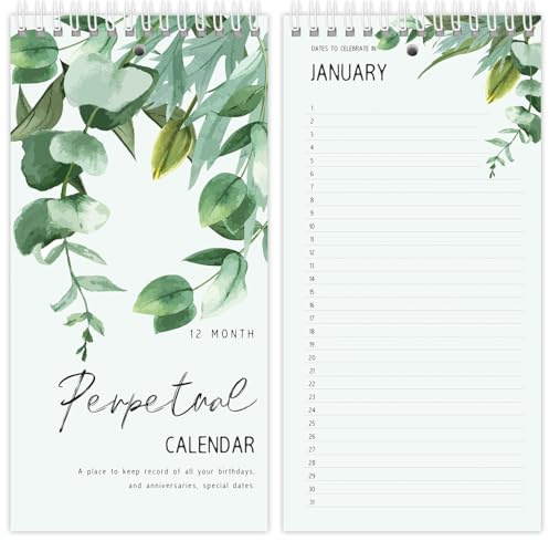 V2croft 5x10 Perpetual Calendar Planner, Undated Celebration & Birthdays | Twin-wire binding, thicker paper, wall hanging, desktop, for office, kitchen, dorm, apartment, green leaves, anniversaries