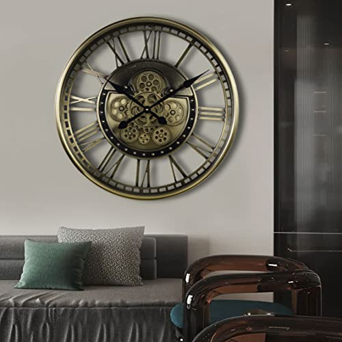 GJXJY Mechanical Wall Clock Moving Gears, Large Metal Iron Retro Wall Clock 53.5cm Vintage Round Battery Powered Wall Clock for Living Room Home Restaurant Hotel Decoration (Color:Copper)