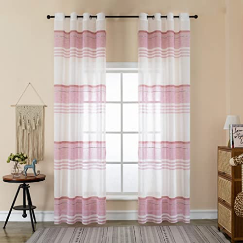 GIRASOLE HOME® Coppia Tende Filtranti Semi Trasparenti Effetto Lino Tenda a Righe Orizzontali per Interni con Occhielli 2 Pannelli (Rosa, 140x285cm)