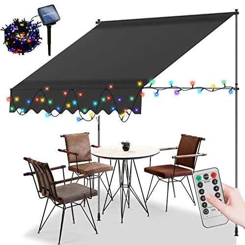 Vigevee 250X120 Klemmmarkise mit Handkurbel Balkon, Balkonmarkise ohne Bohren, 2 in1 Klemmmarkise mit Solar 5m LED Lichtkette, Höhenverstellbar Wasserdicht, Einfache Montage, Grau