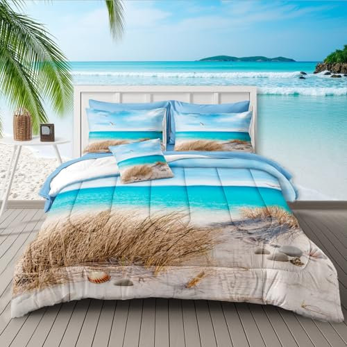 MOVE OVER Coastal Bettdecken-Set für King-Size-Betten, 8-teilig, mit Strandmotiv für Kinder, Mädchen, Jungen und Erwachsene, Ozean-Daunen-Steppdecken-Set mit blauem Meer und Himmel-Insellandschaft,