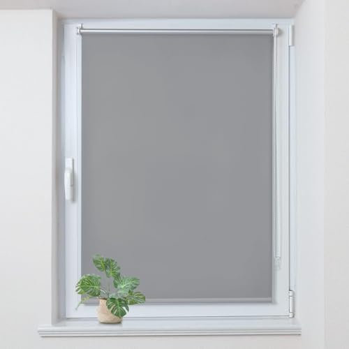 Allesin Store Enrouleur Occultant Thermique sans Perçage, Rideau Opaque Isolant, Montage Simple pour Fenêtre ou Porte, 110l x 140L cm, Largeur du Tissu 106 cm, Gris Clair