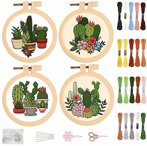 FREEBLOSS 4 Sets Cactus Embroidery Kit for Beginners 3.7‘’ Mini Embroidey Kit with Instructions Full Kit of Embroidery Cloth Embroidery Hoops Color Threads and Tool