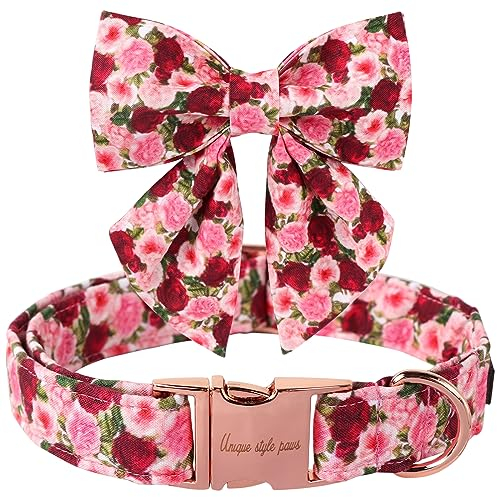 Unique style paws Hundehalsband, Rosa Pfingstrose Hundehalsband, einstellbares Bequemes Fliegenhalsband aus Baumwolle für Jungen Mädchen Hunde, Fliegenhalsband mit Metallschnalle, M, Hals 13,5-22in