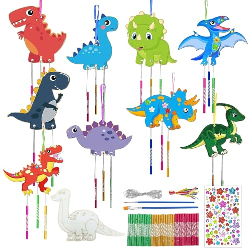 Giugio 10 Stück Dinosaurier Windspiel Bastelset Kinder Holz, Bastelhandwerk zum Bemalen Dino Kreativsets, DIY Handwerk Klangspiel Basteln für Mädchen Junge Kindergeburtstag Bastelarbeiten(E)