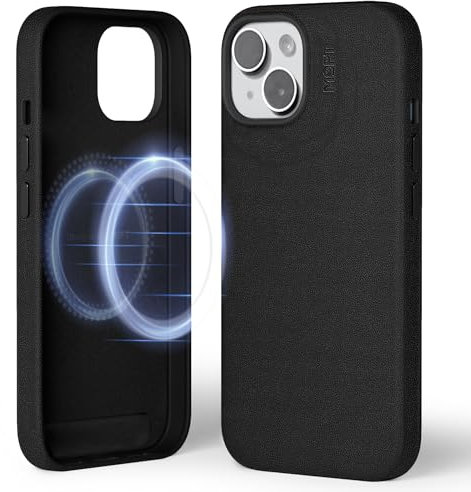 MOFT Magnetic Case for iPhone 15 Compatible with MagSafe, MOVAS Vegan Leather Case Cover, Touch Sensation, Color Retention, Scratch & Stain Resistant, Easy to Clean, Jet Black