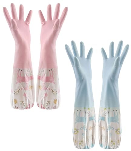 BZKSER Gants de Nettoyage en Caoutchouc - 2 Paires pour Vaisselle, Ménage à Manches Longues Doublés en Coton, Linge, Jardinage (Taille M)