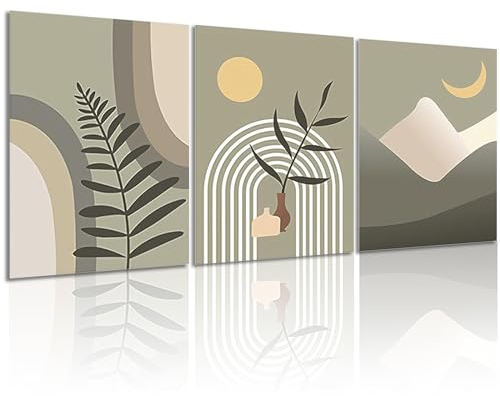 Dazzlewall Boho Abstrakte Wandbilder Sonne Mond Salbei Grün Geometrische Leinwand Bilder für Schlafzimmer Wohnzimmer Deko 30x40 cm 3er Set Ohne Rahmen