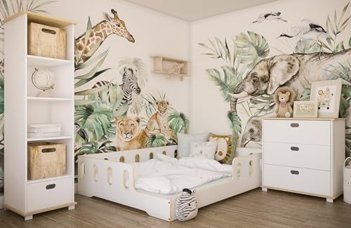 Kids Collective Kinderbett Bodenbett 140x200 cm weiß-Natur mit Rausfallschutz und Lattenrost, bodentief Bett Jugendbett Einzelbett 200x140