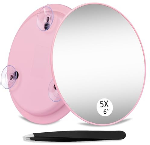 Suupvaor Miroir grossissant x5 avec 3 ventouses, Grand Miroir grossissant Mural de 15 cm, Miroir de Maquillage Rond de Voyage à Fort grossissement, Miroir de Maquillage avec Pince à épiler.
