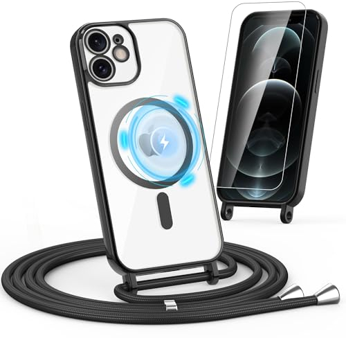 Noyabox HandyKette für iPhone 12/12 Pro Hülle mit Band, 1* Schutzfolie Magnetische Handyhülle für iPhone 12/12 Pro Necklace Schnur Schutzhülle mit Kordel zum Umhängen Case, Schwarz
