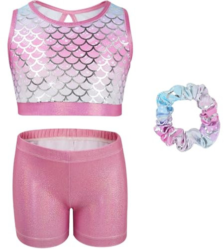 Gogokids Set di 3 pezzi da ginnastica da bambina, body senza maniche con pantaloncini e fascia per capelli, tuta da ginnastica con colori sfumati, per bambini dai 3 ai 12 anni, rosa, 140(130-140