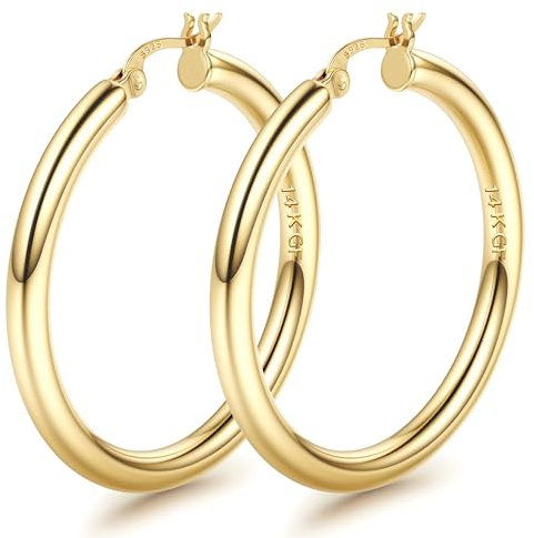 FIOROYAL Ohrringe Gold Creolen Silber 925 Groß,14K Gold Gefüllt Chunky Creolen Gold,4 mm Dicke Hohle Röhren Goldene Creolen Damen,Hypoallergen Leichte Mittelgroß Ohrringe Creolen 50MM