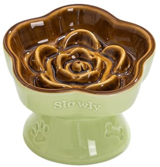 Aquainno Ceramic Raised Slow Feeder Cat Bowl, Elevated Tilted Anti-Vomiting Pet Bowl for Cats & Small Dogs - Cute Flower Design, Non-Slip Base, Shallow Wide Dish for Dry/Wet Food (Coffee, 5.8 Inch)