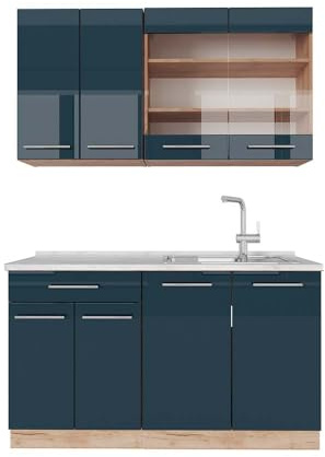Vicco Singleküche Fame-Line, Dunkelblau Hochglanz/Goldkraft Eiche, 140 cm, AP Marmor