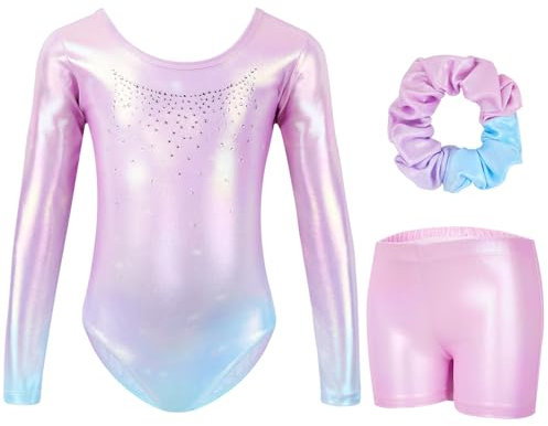 Gogokids Mädchen Dreiteilige Gymnastikanzüge, Langärmliges Gymnastik Set mit Shorts und Haarband, Glitzernde Balletteinheitstrikots - Gymnastik Outfit mit Farbverlaufdesign für 6-7 Jahre