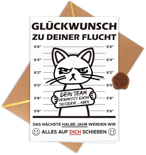 WenmthG Witzige Abschiedskarte Kollegen A6 (Klappkarte mit Umschlag und Wachssiegel) - Herzlichen Glückwunsch zu deiner Flucht - Abschiedsgeschenk Kollegen - Karte zum Abschied Kollegin & Kollege