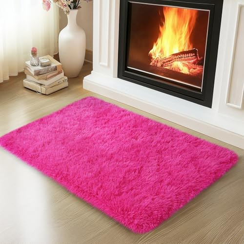 Mugorn 2 x 3 Teppiche für Schlafzimmer, flauschiger Teppich für Wohnzimmer, weicher Zottelteppich, kleiner Teppich mit 4 rutschfesten Teppich-Pads (Hot Pink, 60 x 91 cm)