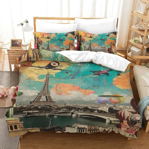 GZCVBDYUY Architektonische Beschilderung 3D Gedruckt Bettwäsche 3 Teilig Bettbezug-Sets Mit Kissenbezügen Soft Microfaser Luxus Modern Mit Reißverschluss Für Erwachsene Und Kinder Single(140x200cm)