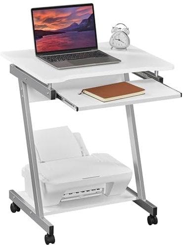 Yaheetech White Mobile Computer Desk, Z-Shaped Design Small Office Workstation, PC Laptop Table with Sliding Keyboard Tray and Priter Shelf, Rolling Office Study Table on Wheels