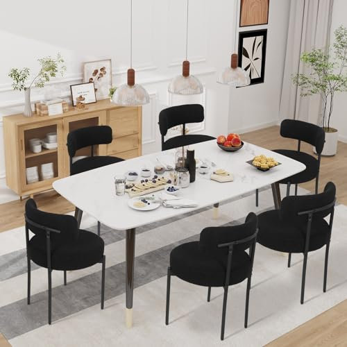 ARTETHYS Esszimmerstühle 6er Set, gepolsterte küchenstühle, Polsterstühle mit Rückenlehnen Metallbeinen, Modern Teddy Stoff Boucle Stühle, Dining Chairs für Esszimmer, Küchen, Wohnzimmer(Schwarz)
