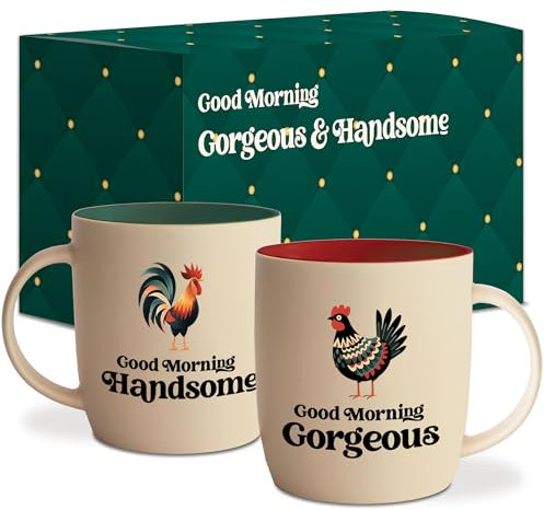 Triple Gifffted Good Morning Handsome Gorgeous Coffee Mug Set, Engagement Wedding Gifts for Couple, Bride Groom Newlywed Bridal Shower, His Hers Mr Mrs, Christmas, Rooster Kitchen Decor, Ceramic 13Oz
