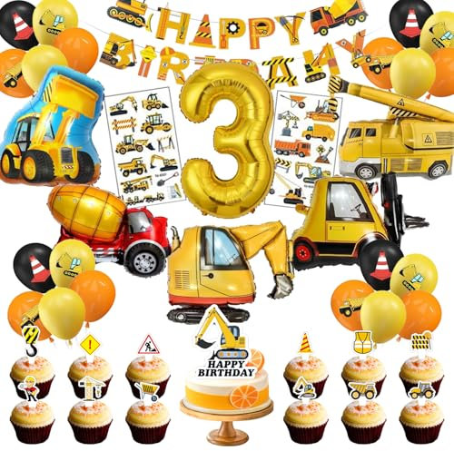 Bagger Luftballon 3 Geburtstag, 52 PCS bagger Party Luftballon Set, Baustelle luftballon Geburtstag, bagger luft-ballon geburtstag, Bag-ger Deko Kindergeburts-tag Set, für Party